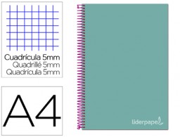 Cuaderno espiral Liderpapel Jolly A4 tapa extradura 80h 75g micro c/5mm. color turquesa